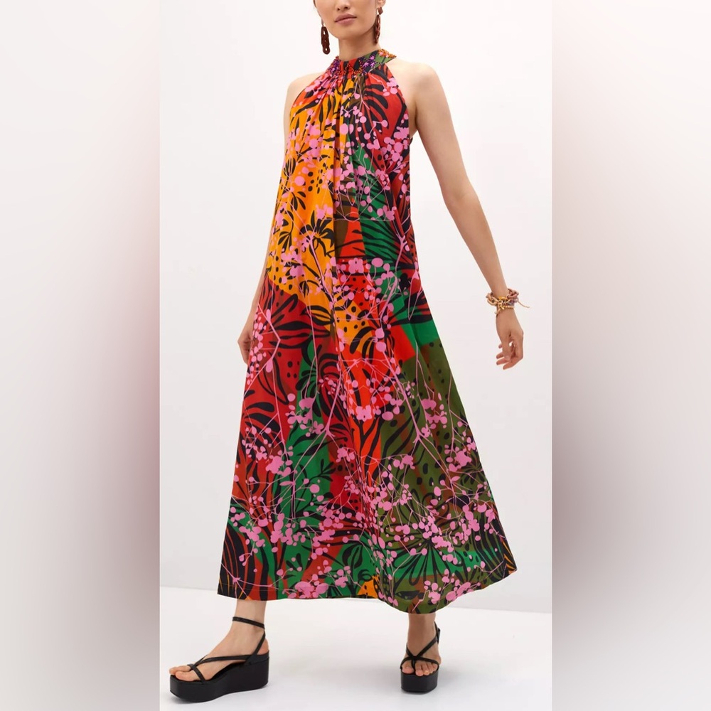 Roopa Pemmaraju X Anthropologie Floral Maxi Halter Beaded Colorful Dress Size XL